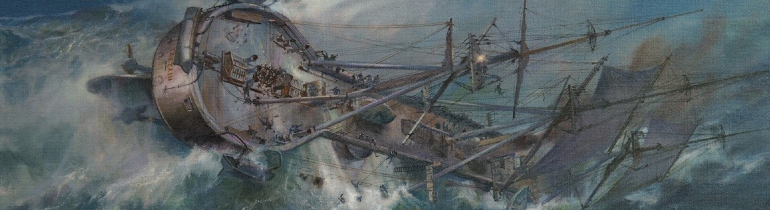 A painting by artist Geoff Hunt of a large ship being overturned by tumultuous waves
