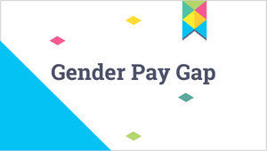 Graphic with various multicoloured diamond shapes and text on a white background reading GENDER PAY GAP