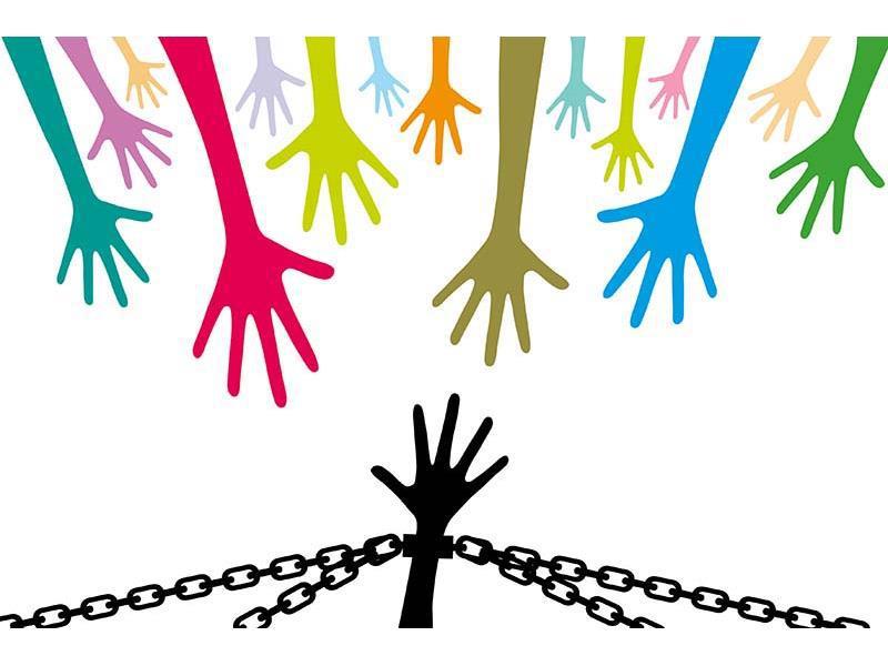 Graphic of a hand in chains reaching upwards towards many more outstretched hands