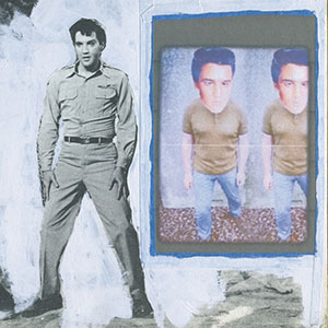Black and white collage image with Elvis Presley