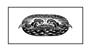 Black and white print of two mermaids facing each other in an ocean