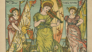 Picture of three people playing instruments, framed under the words: I SAW THREE SHIPS