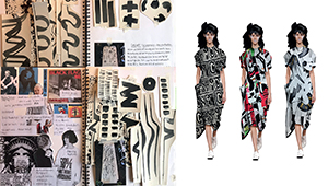 Collage of illustrations for fashion and textiles, various patterns depicted next to mock-ups of models wearing them on dresses