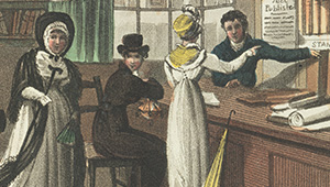 Eighteenth century pen and paper artwork of women queueing at a book store