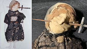 Two photographs of the Witchcraft Poppet doll museum piece, wearing a black dress with a dagger piercing through its face