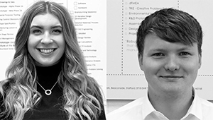 Side-by-side black and white profile photographs of Amber Davies and Will Morris