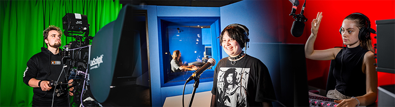 Montage image showing lots of students engaged in a variety of practices associated with the creative industries including photography, lino printing, video recording, using the motion capture studio, painting and sculpting