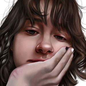 Artwork of a person looking towards the camera with their head rested in the palm of their hand, their fingernails painted sequentially black and white.