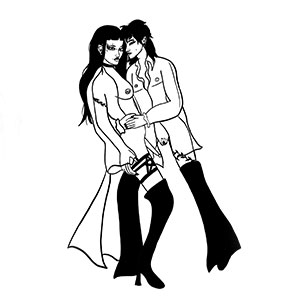 Black and white illustration of figures embracing