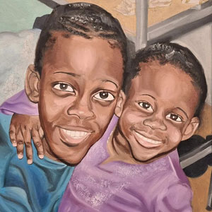 Painting of two young people in blue and purple clothes facing forward and smiling together.