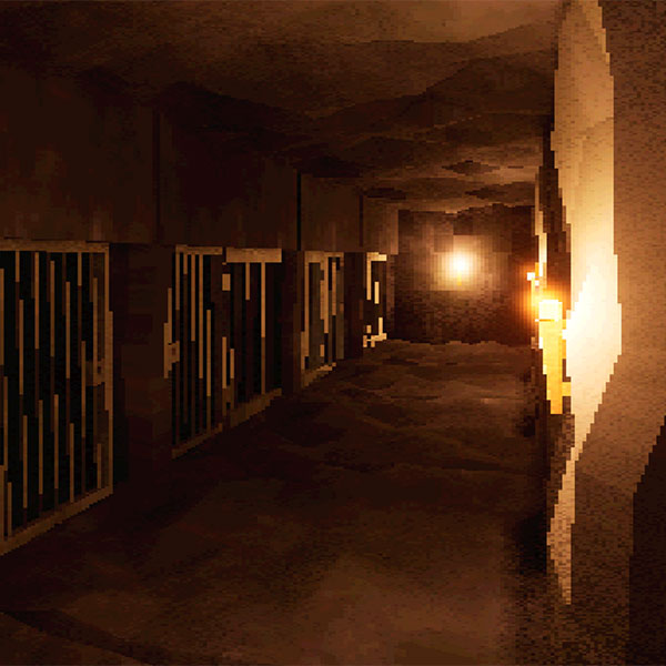 Picture of a cavern represented using pixelated video game graphics, torches lining one wall of a narrow passageway, the other reinforced by metal bars.