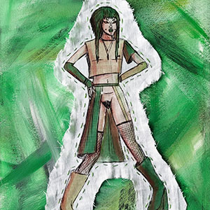 A figure in green and beige colours with their hands on their hips