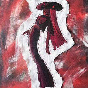 Drawing of a tall figure with long hair and a large hat obscuring their face