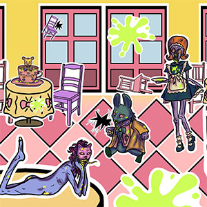 An illustration of a cafe featuring various dark depictions of characters, including maids and various Carrollesque figures