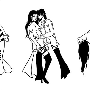 Three black and white illustrations of figures embracing