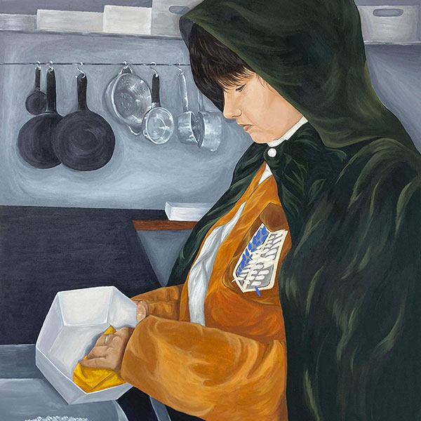 Drawing of a person washing up a hexagonal dish in a kitchen while wearing a cosplay outfit.