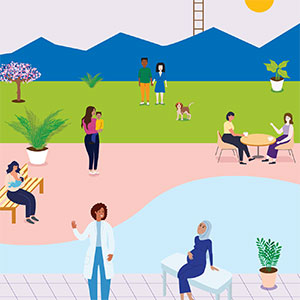 Illustration depicting various healthcare professionals in a landscape with a green field, lake and blue sky