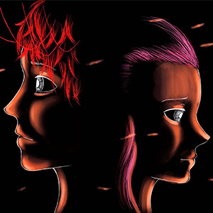Illustration showing the head and shoulders of two people, male and female on a black background