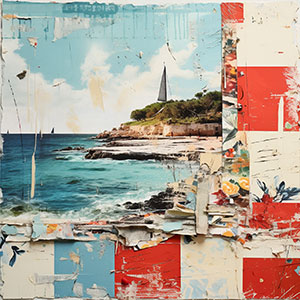 Collage image showing a seascape with a lighthouse