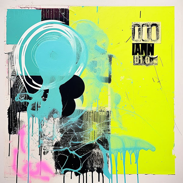 collage with shapes and figures on vibrant blue and yellow background