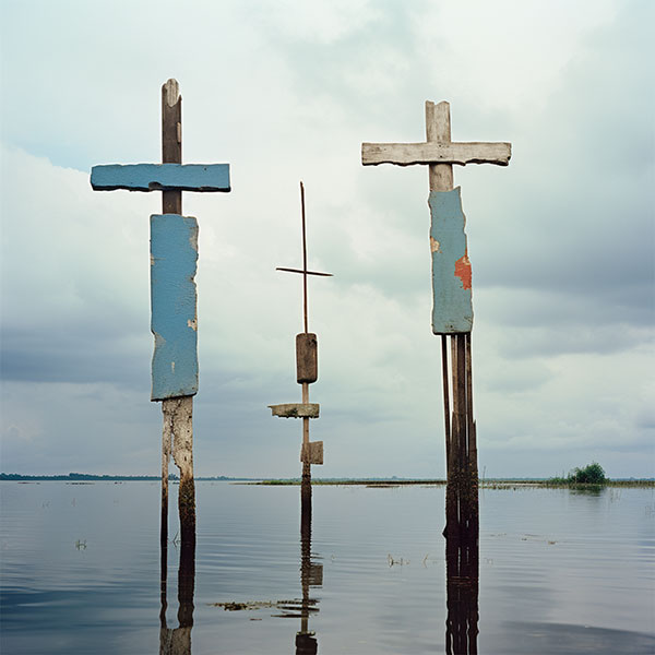 Sculpted crosses photographed on a beach at high tide
