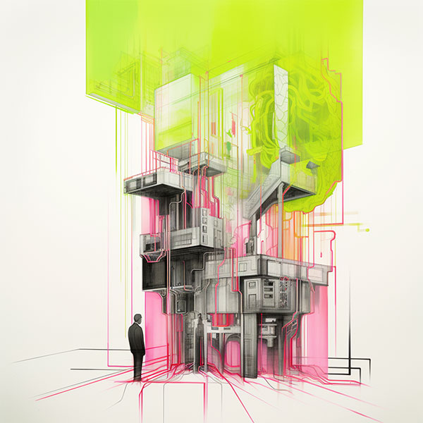 Illustration of stacked buildings with a figure in the foreground and smeared green and red dripped paint