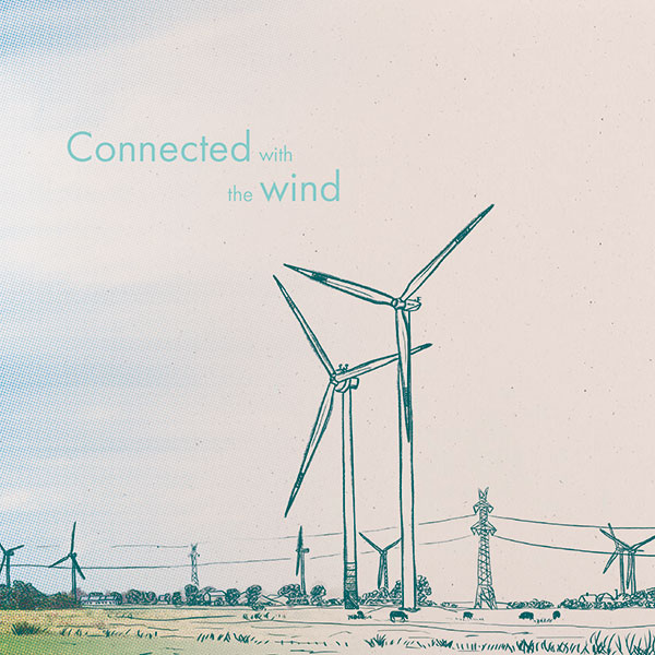 Book cover with an illustration of a wind turbine in a field and the title text: Connected with the Wind