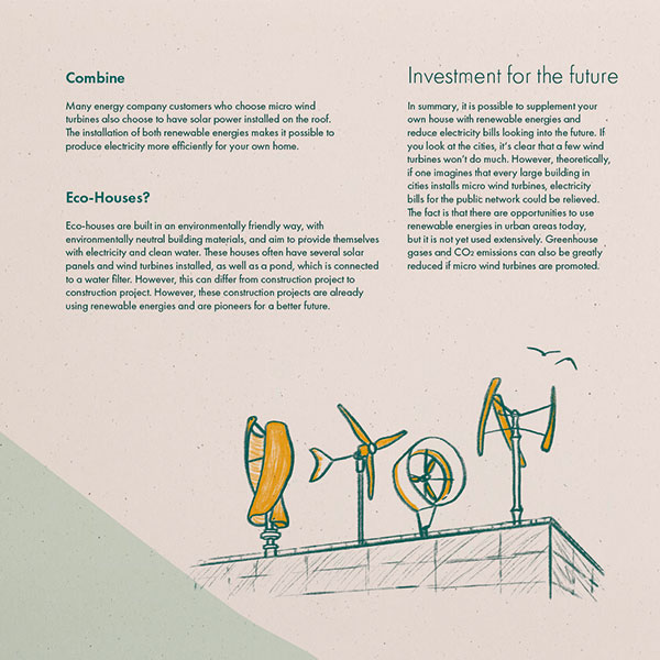 page from a book, this page talks about investing in wind technology and has an illustration of a rooftop with a variety of different wind turbines