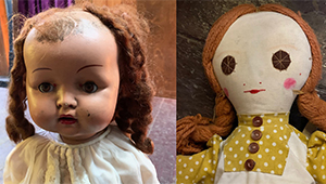 Side-by-side photographs of two dolls reported to be cursed or haunted