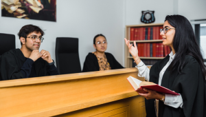 A law student conversing with two people behind a tall wooden counter.