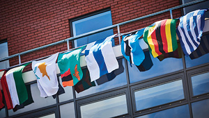 international flags hanging from a rail of a building