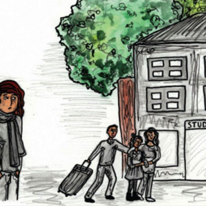 hand drawn image of girl watching family drop of student at halls