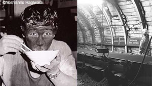 An image of a Japanese eating rice and a British miner underground