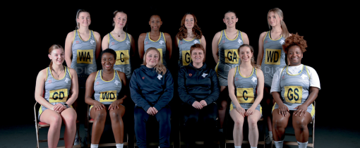 Photograph of the University of Wolverhampton netball team for 2023-24, posed together wearing matching grey uniforms with yellow details.