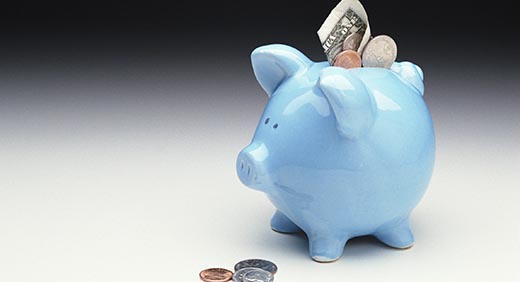 Image of a blue piggy bank being filled with money.