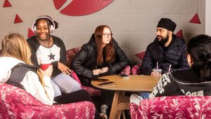 A diverse selection of students sitting at Costa Coffee at the University of Wolverhampton City Campus